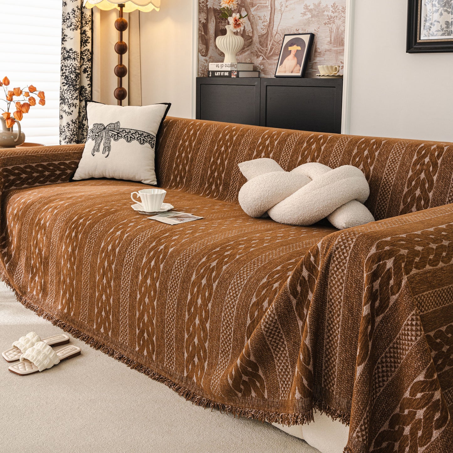 Sofa Cover Blanket Throw with Tassels, Decorative Furniture Protector for Dogs/Pets