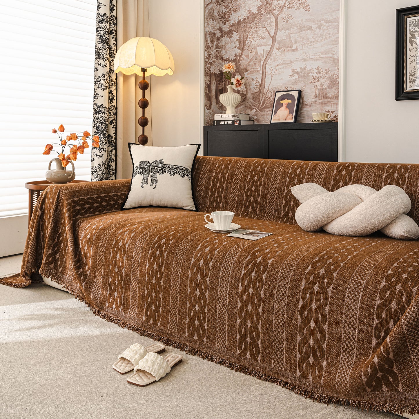 Sofa Cover Blanket Throw with Tassels, Decorative Furniture Protector for Dogs/Pets