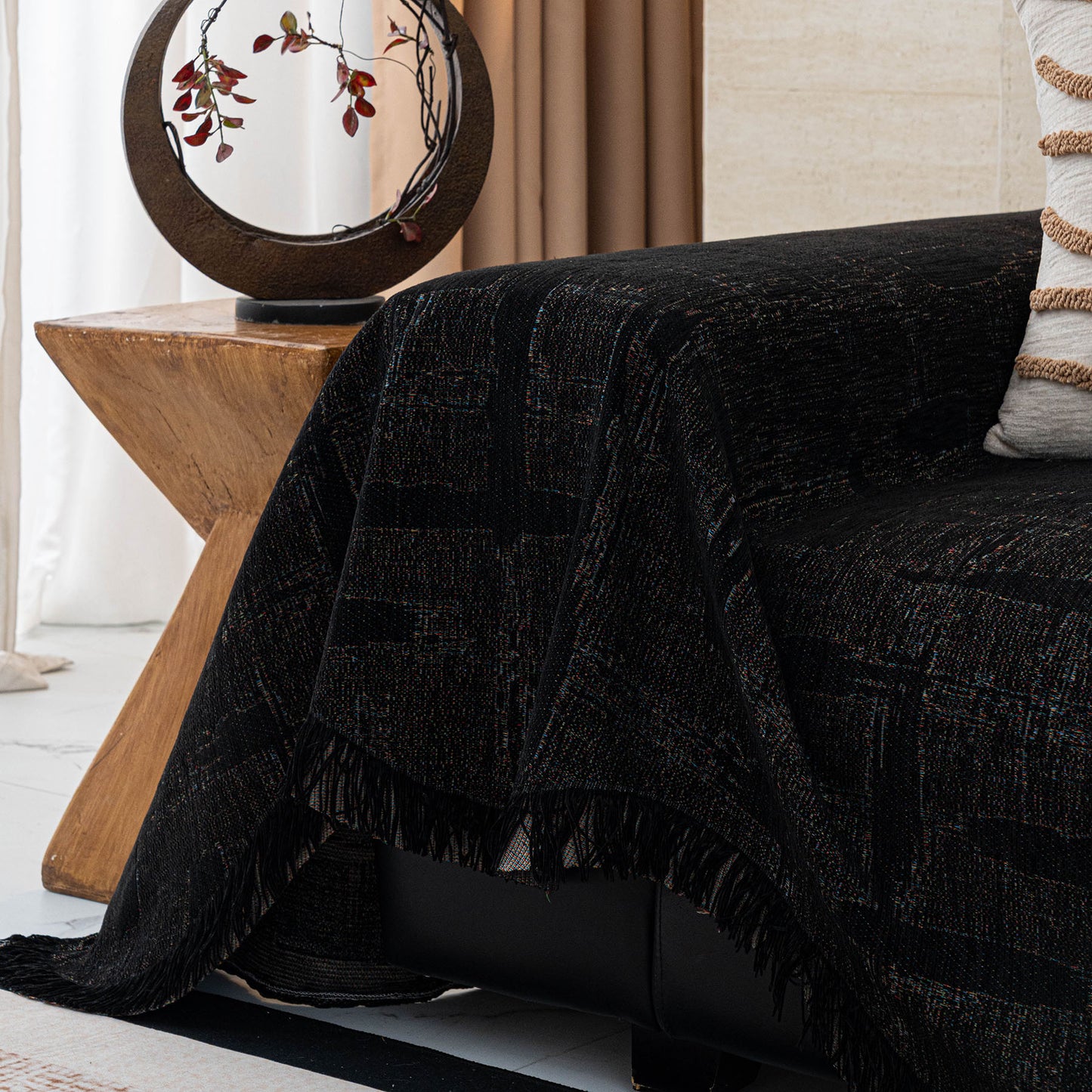 Chenille Sofa Cover Throw Blanket, Woven Textured Minimalist Wabi-Sabi Couch Cover