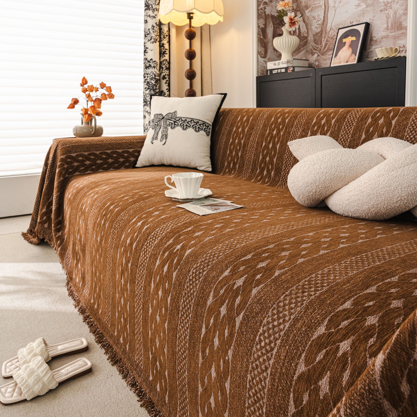 Sofa Cover Blanket Throw with Tassels, Decorative Furniture Protector for Dogs/Pets