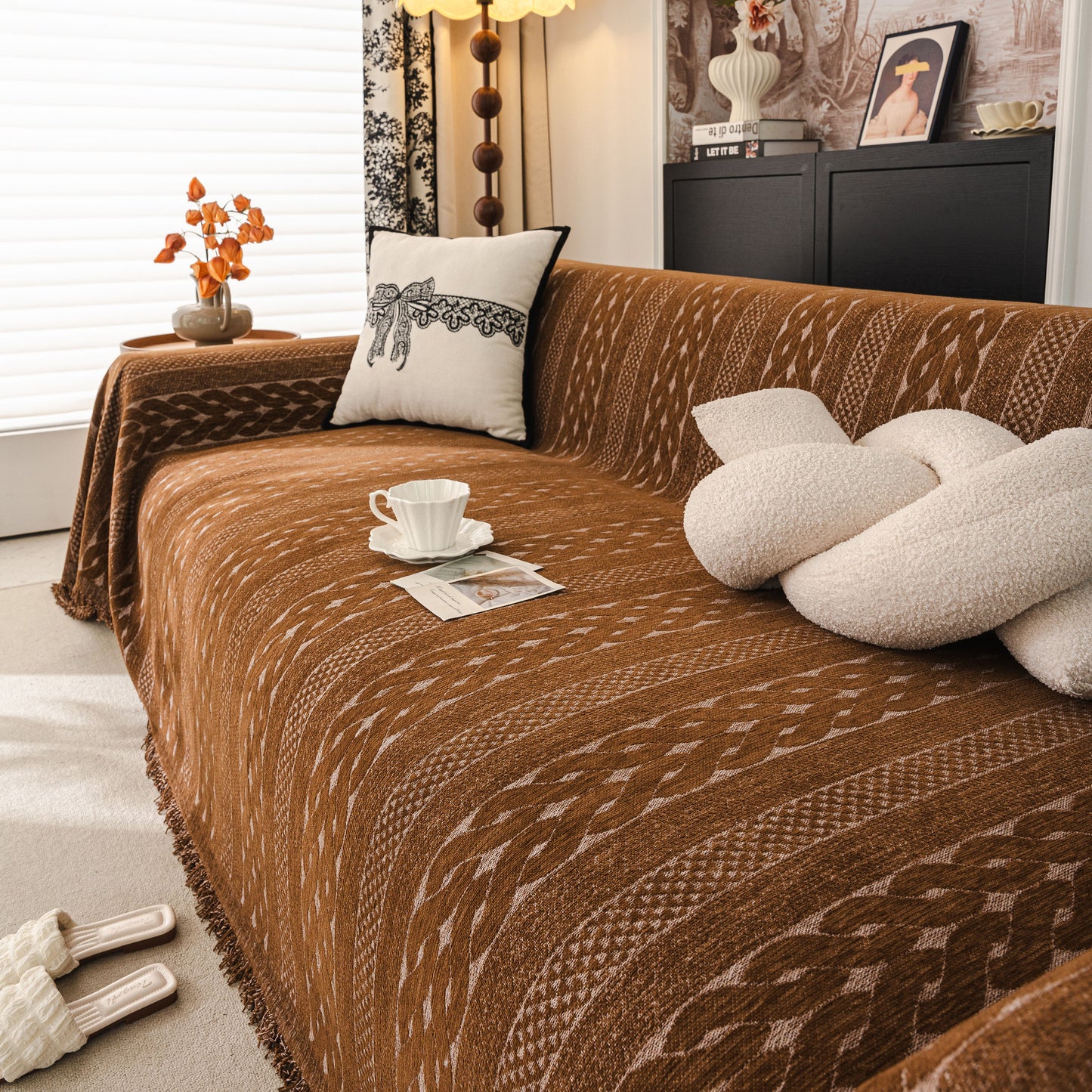 Sofa Cover Blanket Throw with Tassels, Decorative Furniture Protector for Dogs/Pets