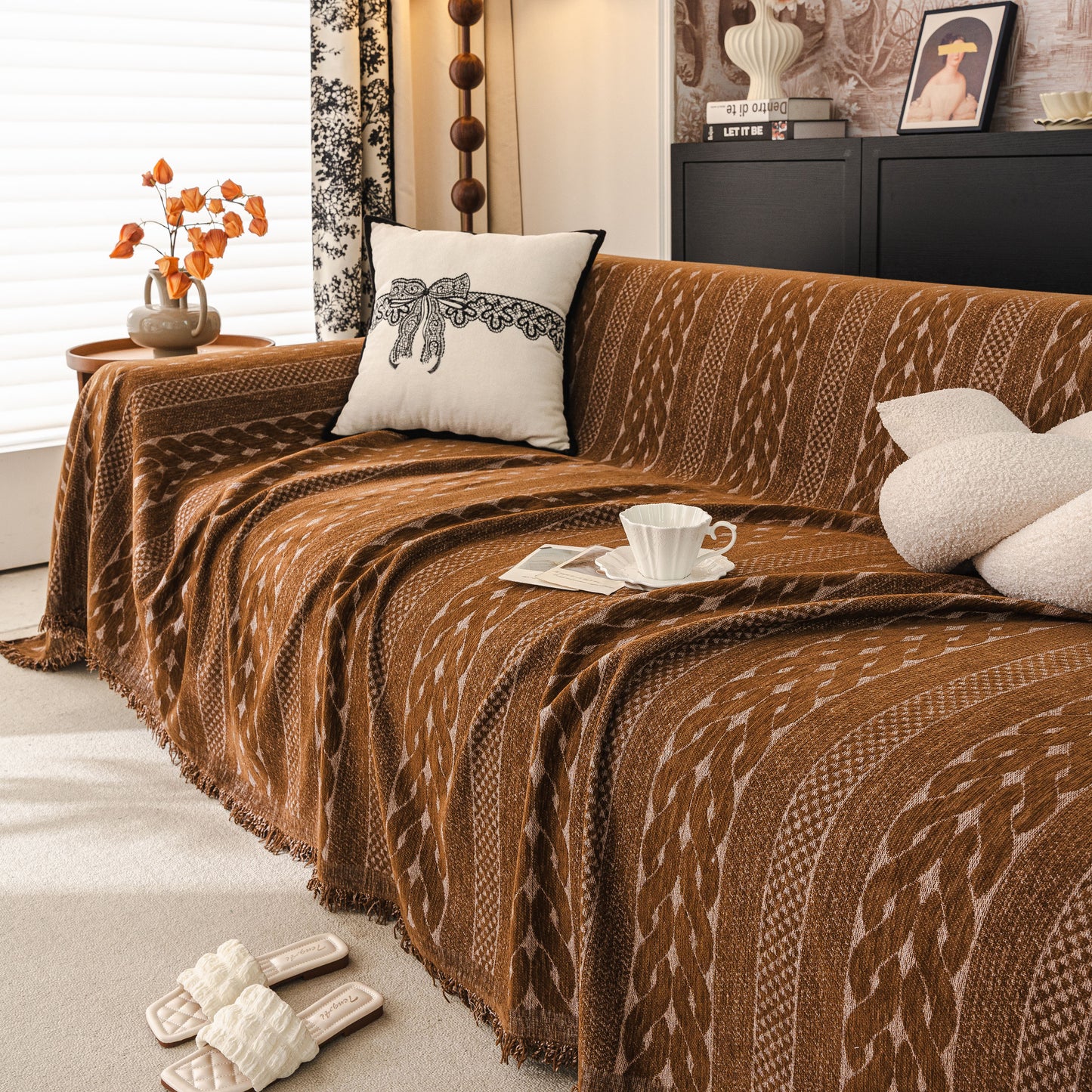 Sofa Cover Blanket Throw with Tassels, Decorative Furniture Protector for Dogs/Pets