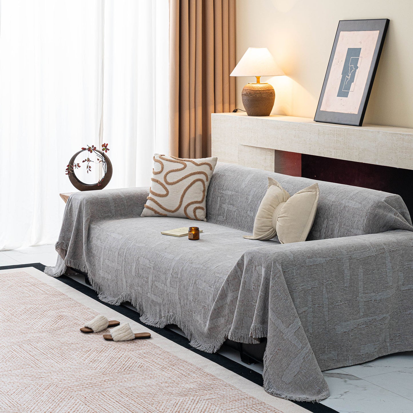 Chenille Sofa Cover Throw Blanket, Woven Textured Minimalist Wabi-Sabi Couch Cover
