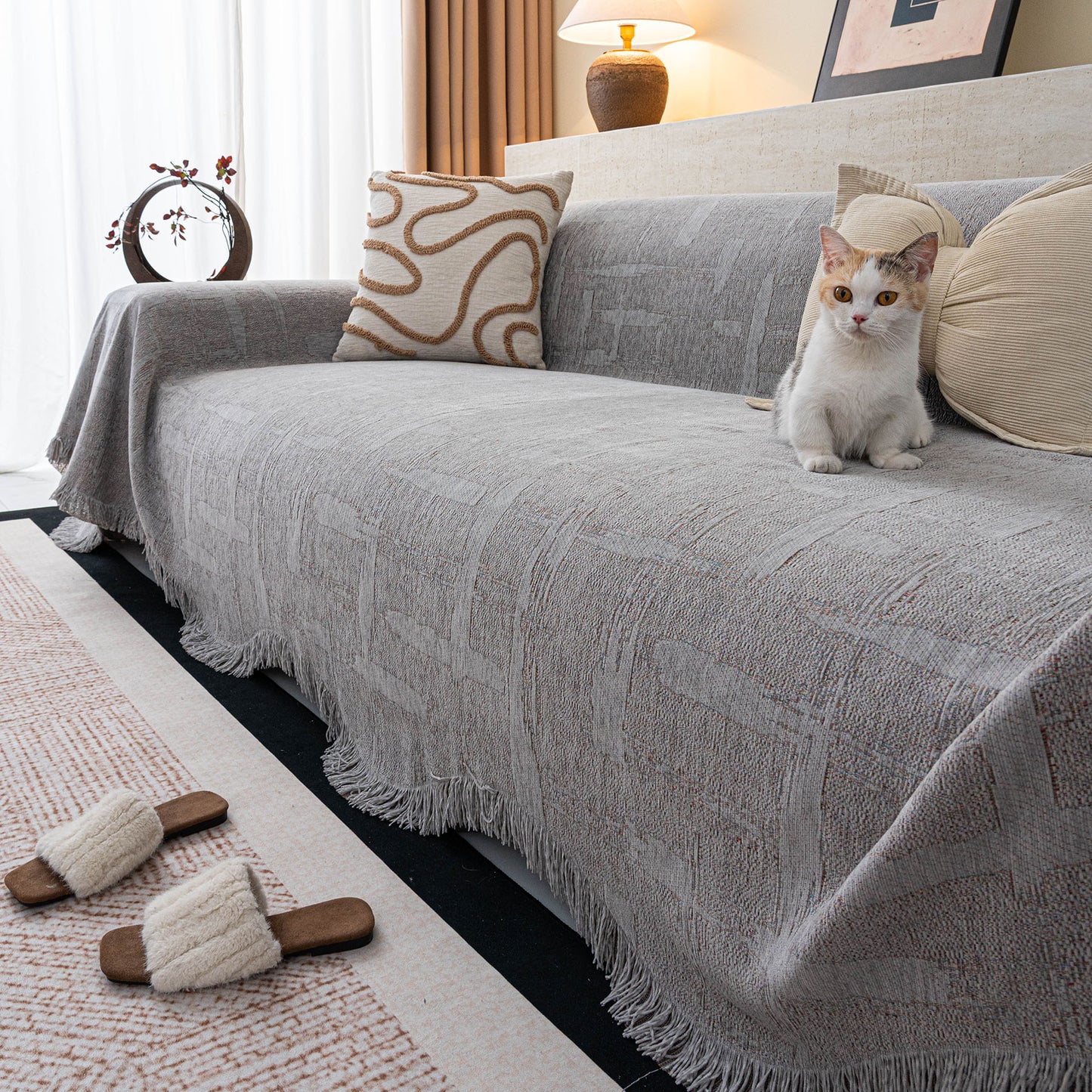 Chenille Sofa Cover Throw Blanket, Woven Textured Minimalist Wabi-Sabi Couch Cover