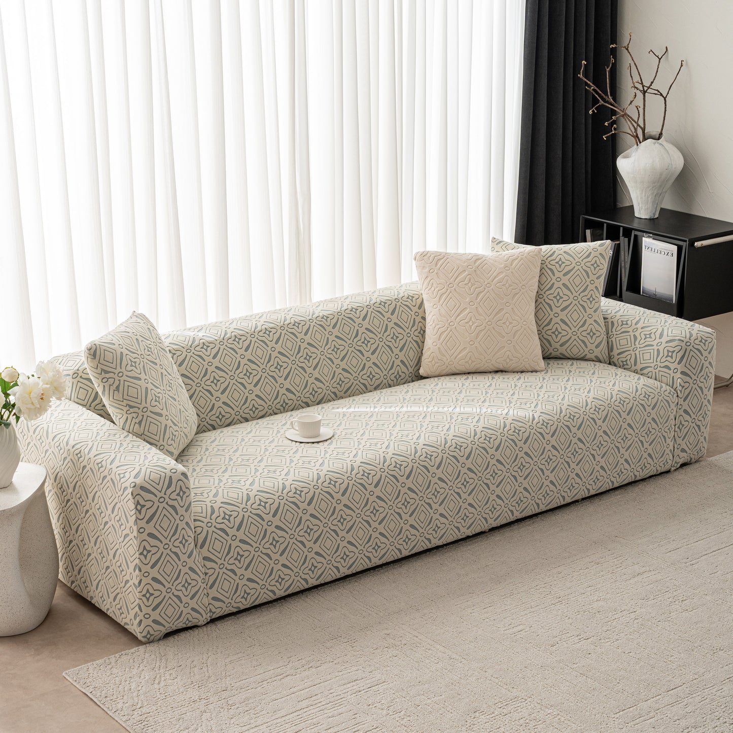 3D Jacquard Geometric Sofa Cover, High Stretch Soft Polar Fleece Slipcover for Couch