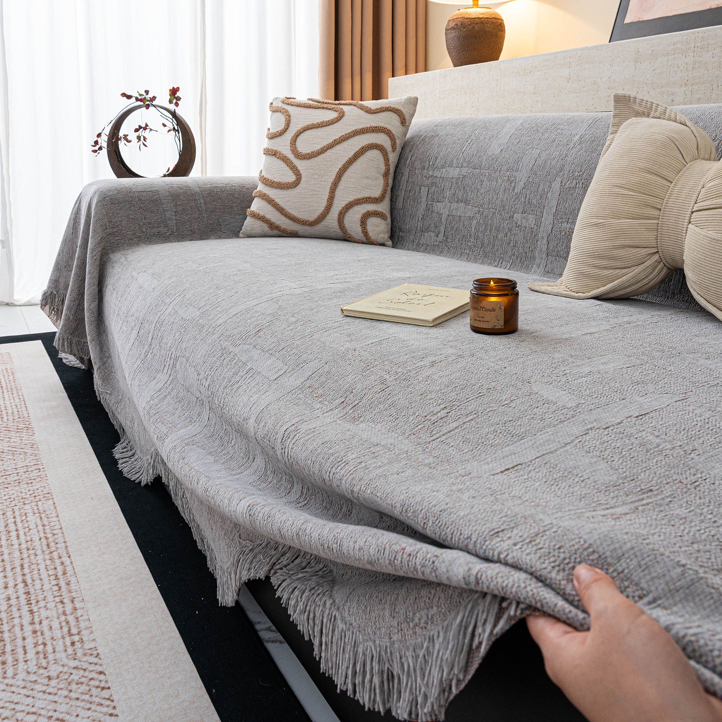 Chenille Sofa Cover Throw Blanket, Woven Textured Minimalist Wabi-Sabi Couch Cover