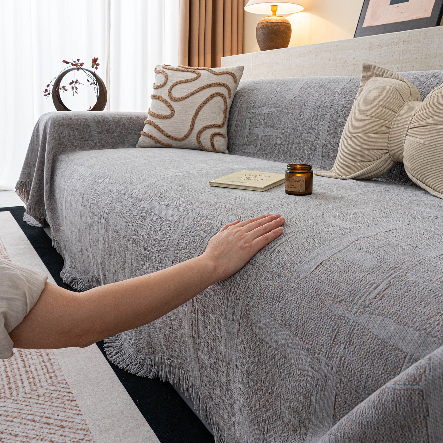 Chenille Sofa Cover Throw Blanket, Woven Textured Minimalist Wabi-Sabi Couch Cover