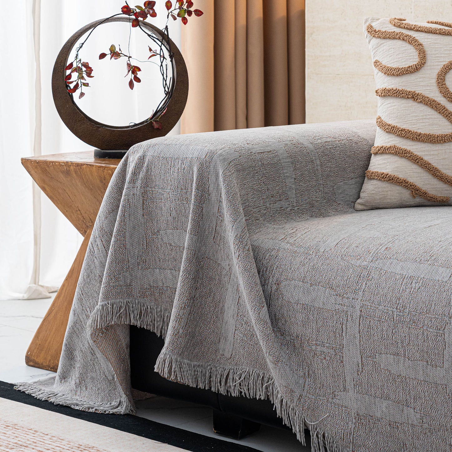 Chenille Sofa Cover Throw Blanket, Woven Textured Minimalist Wabi-Sabi Couch Cover