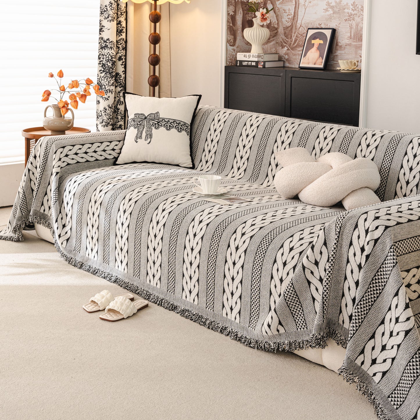 Sofa Cover Blanket Throw with Tassels, Decorative Furniture Protector for Dogs/Pets