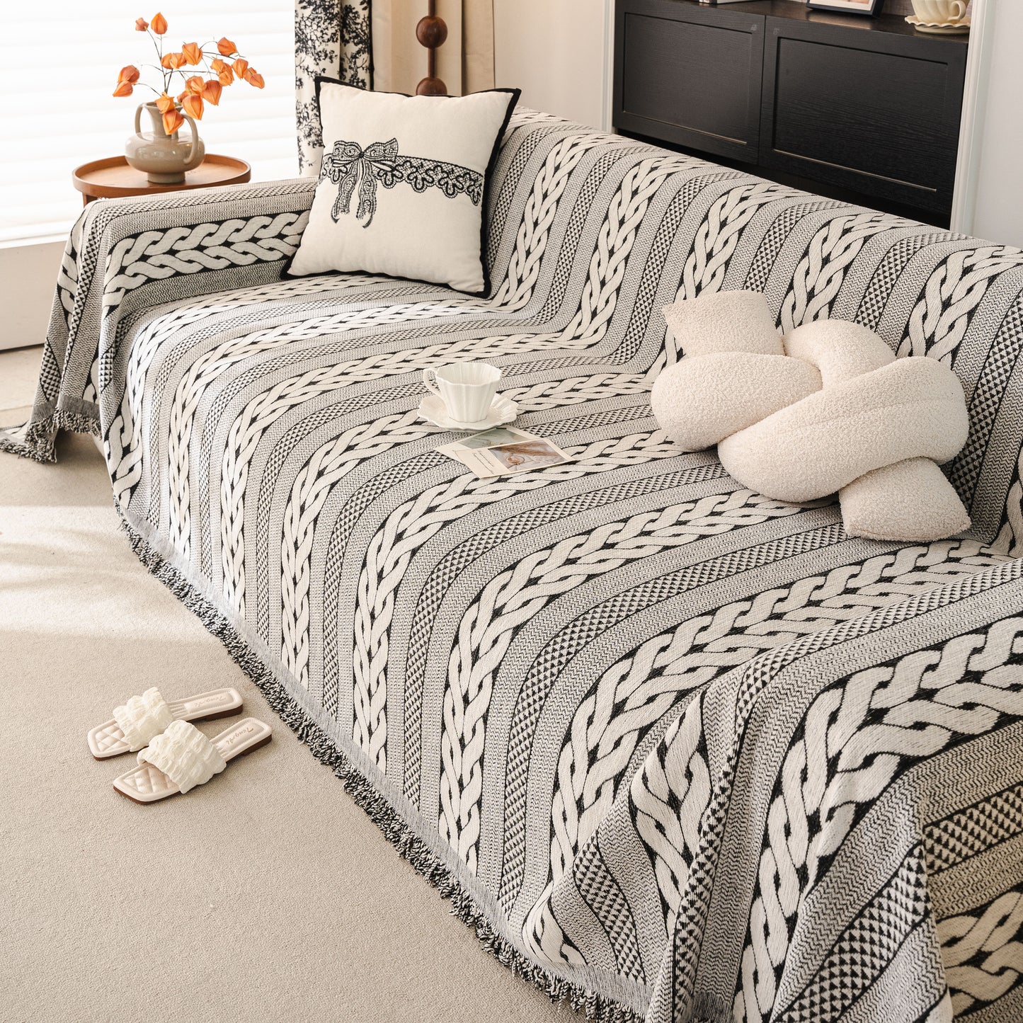 Sofa Cover Blanket Throw with Tassels, Decorative Furniture Protector for Dogs/Pets