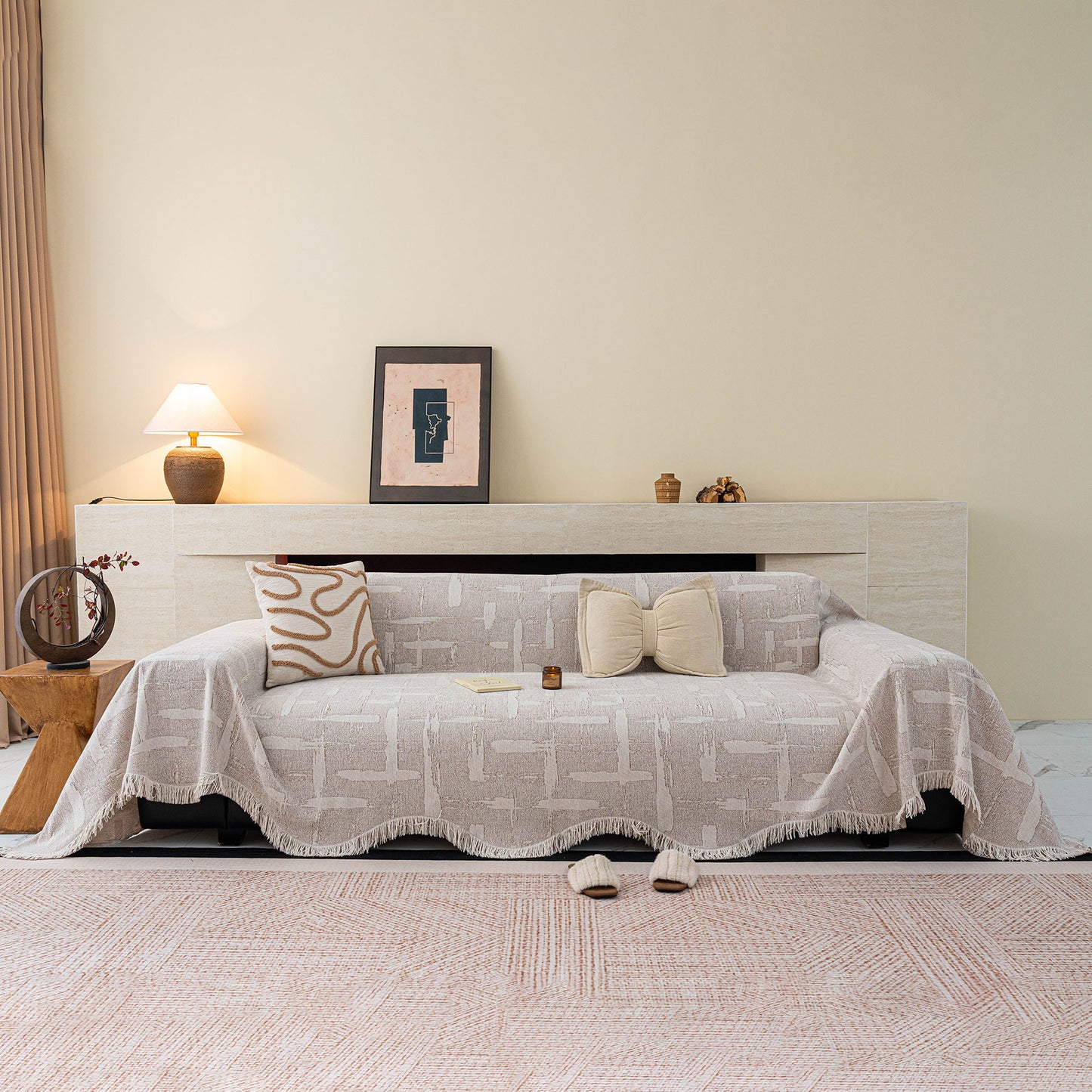 Chenille Sofa Cover Throw Blanket, Woven Textured Minimalist Wabi-Sabi Couch Cover