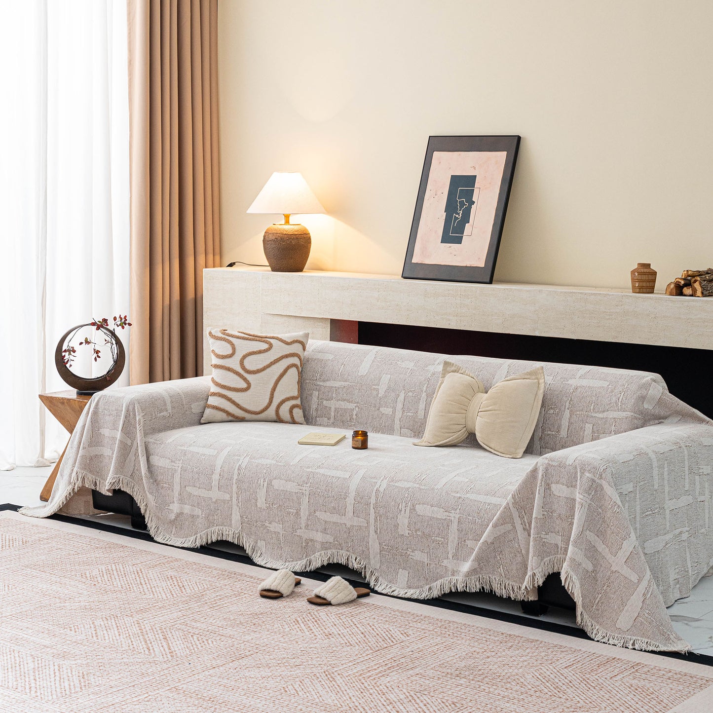 Chenille Sofa Cover Throw Blanket, Woven Textured Minimalist Wabi-Sabi Couch Cover