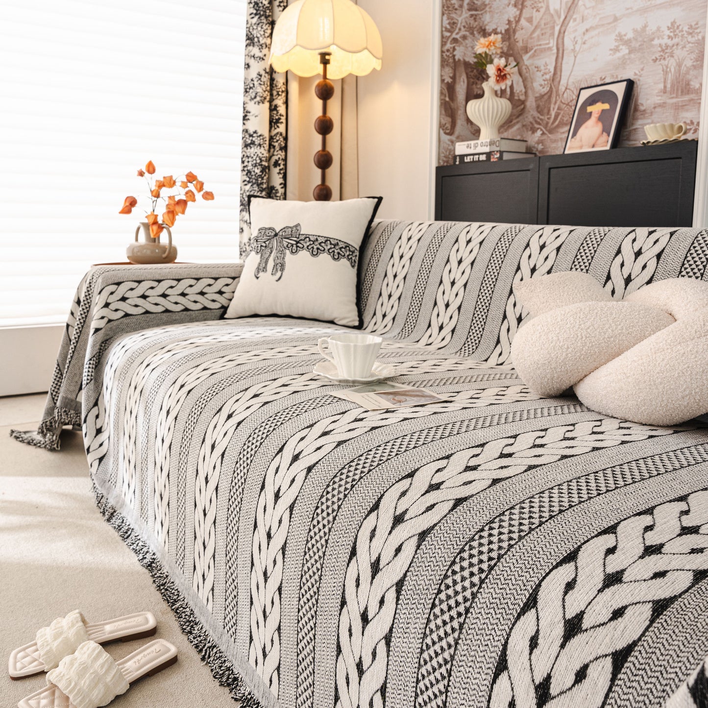 Sofa Cover Blanket Throw with Tassels, Decorative Furniture Protector for Dogs/Pets