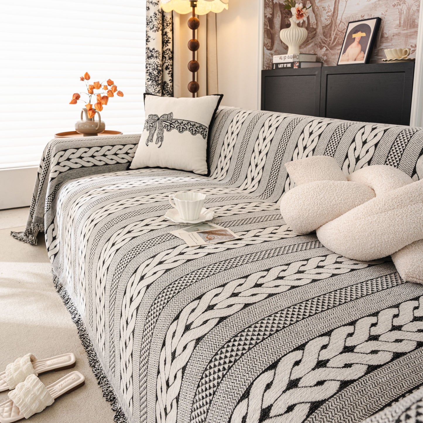 Sofa Cover Blanket Throw with Tassels, Decorative Furniture Protector for Dogs/Pets