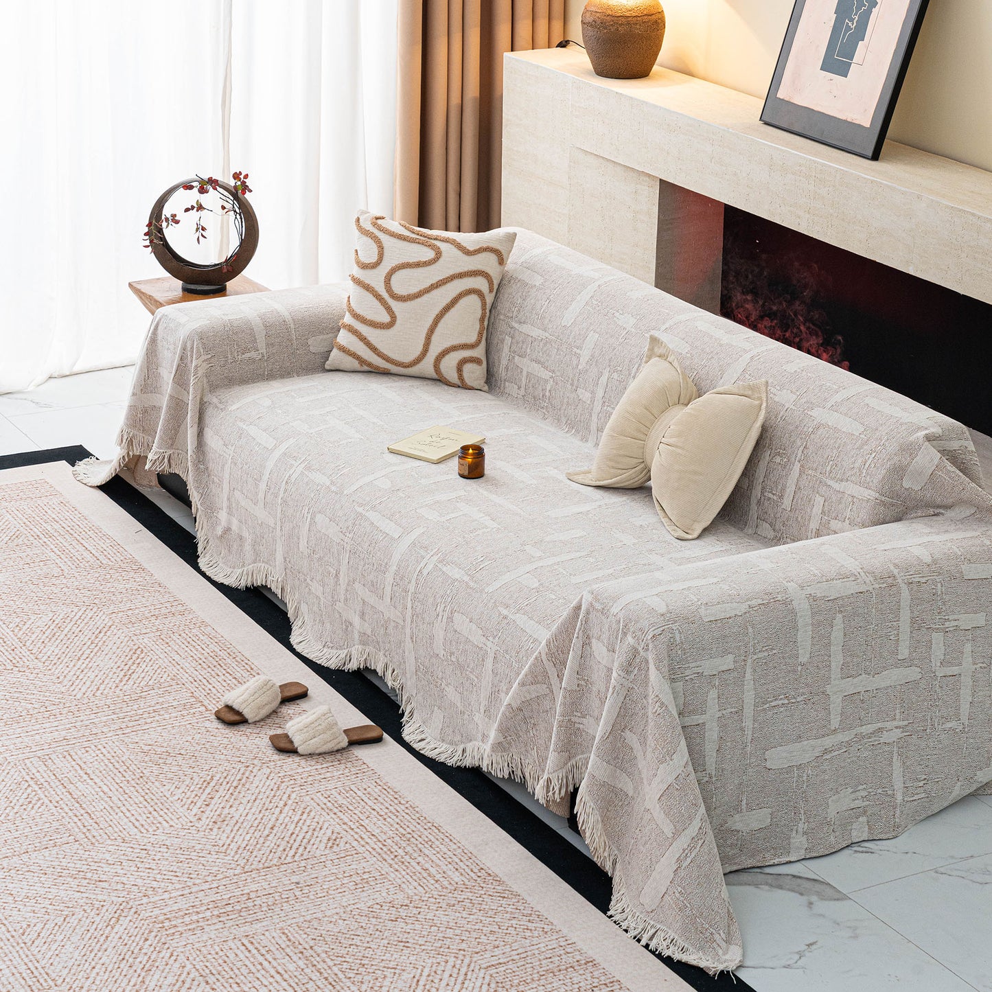 Chenille Sofa Cover Throw Blanket, Woven Textured Minimalist Wabi-Sabi Couch Cover