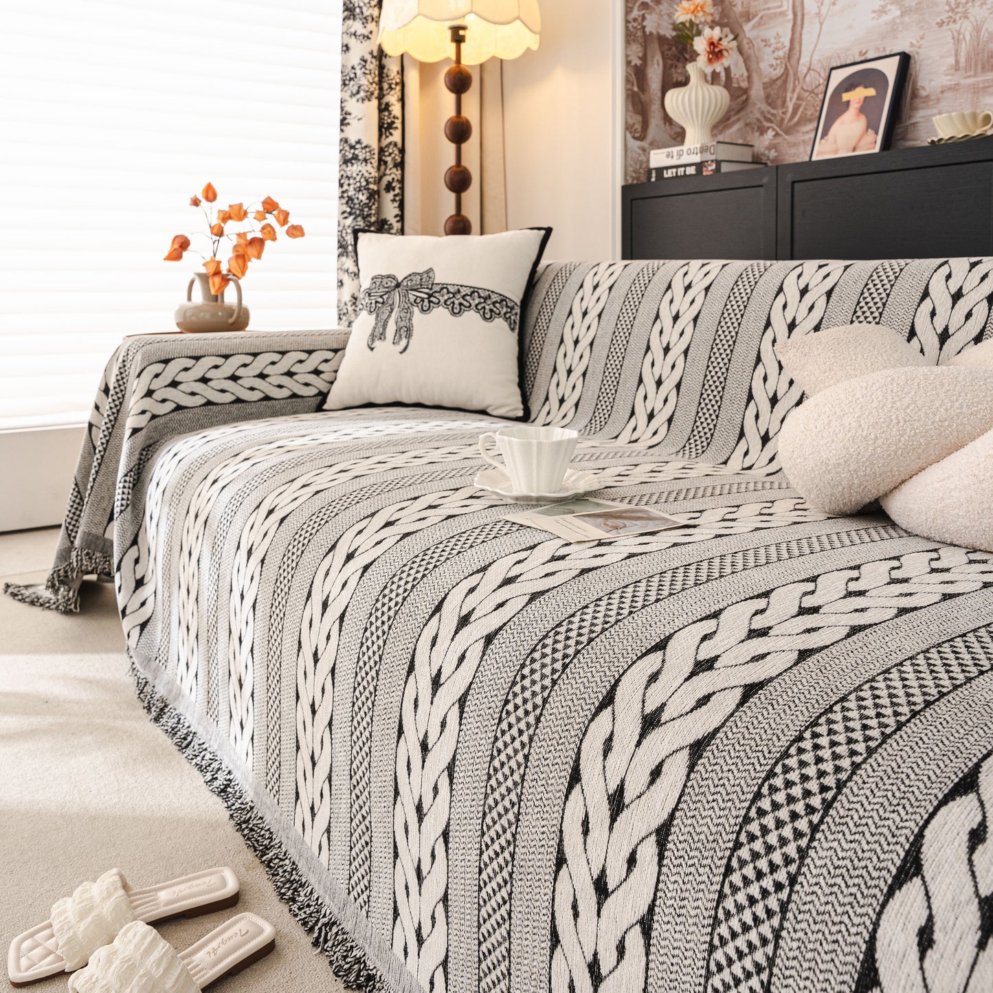 Sofa Cover Blanket Throw with Tassels, Decorative Furniture Protector for Dogs/Pets