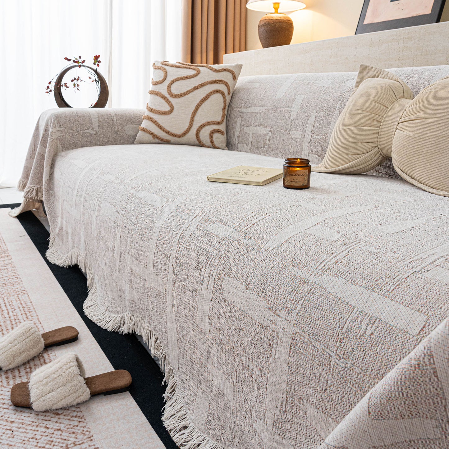 Chenille Sofa Cover Throw Blanket, Woven Textured Minimalist Wabi-Sabi Couch Cover