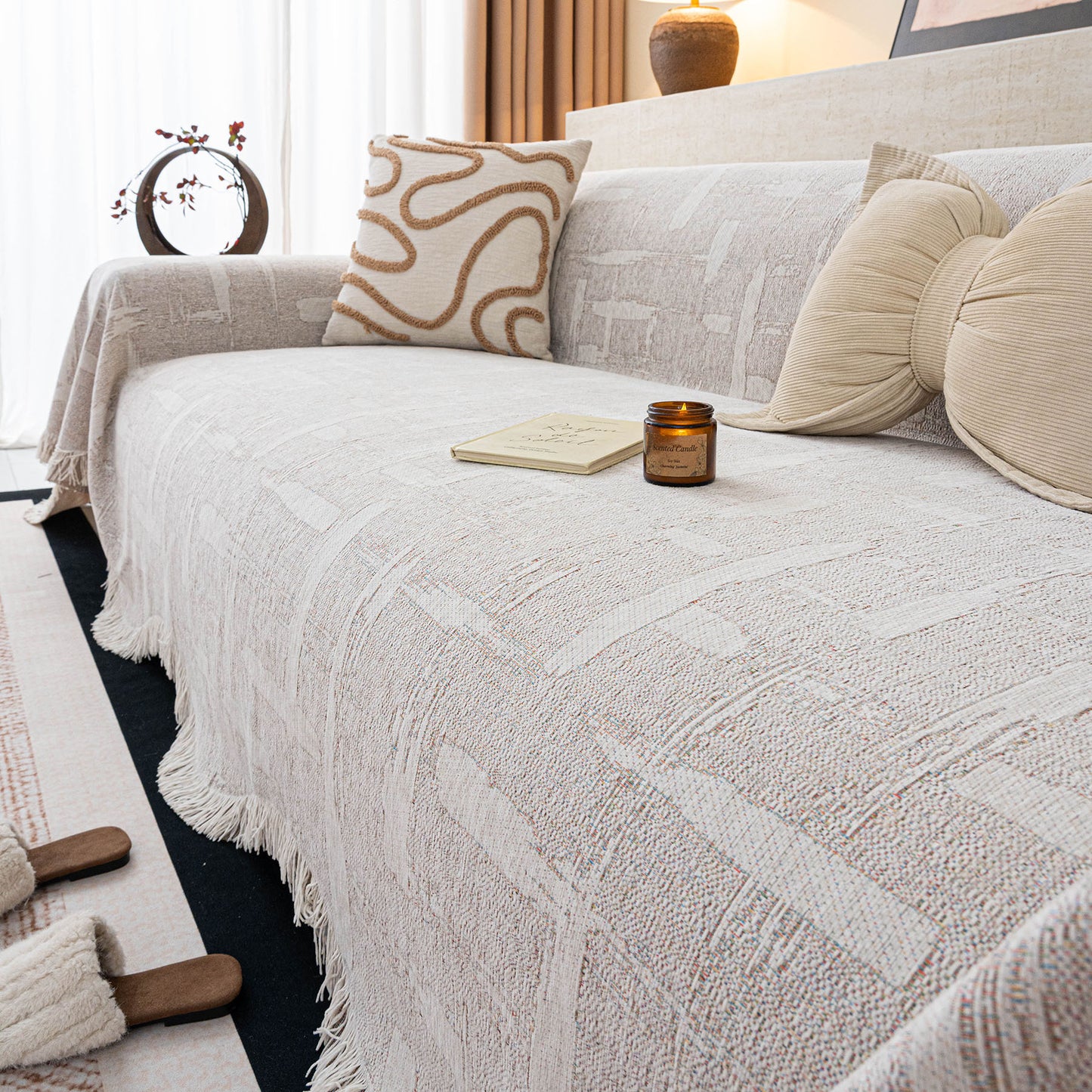 Chenille Sofa Cover Throw Blanket, Woven Textured Minimalist Wabi-Sabi Couch Cover