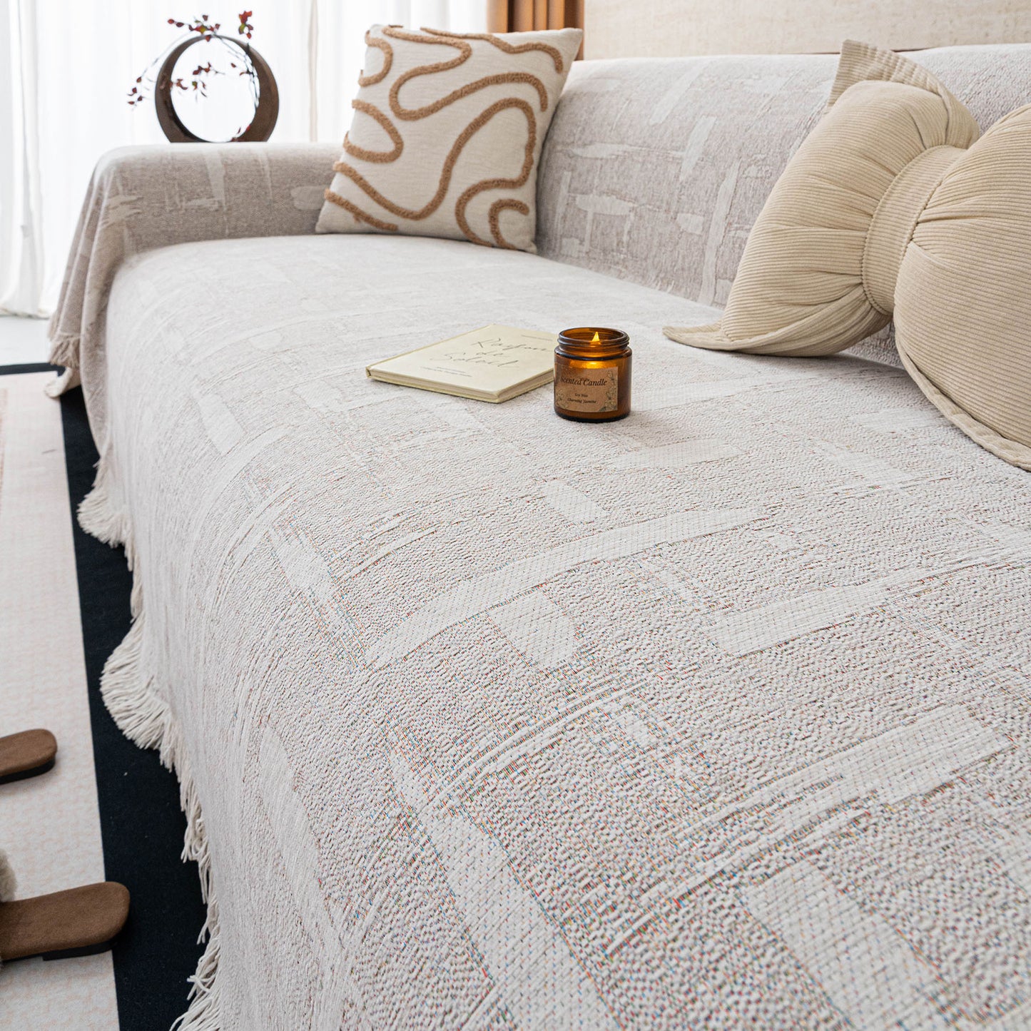Chenille Sofa Cover Throw Blanket, Woven Textured Minimalist Wabi-Sabi Couch Cover