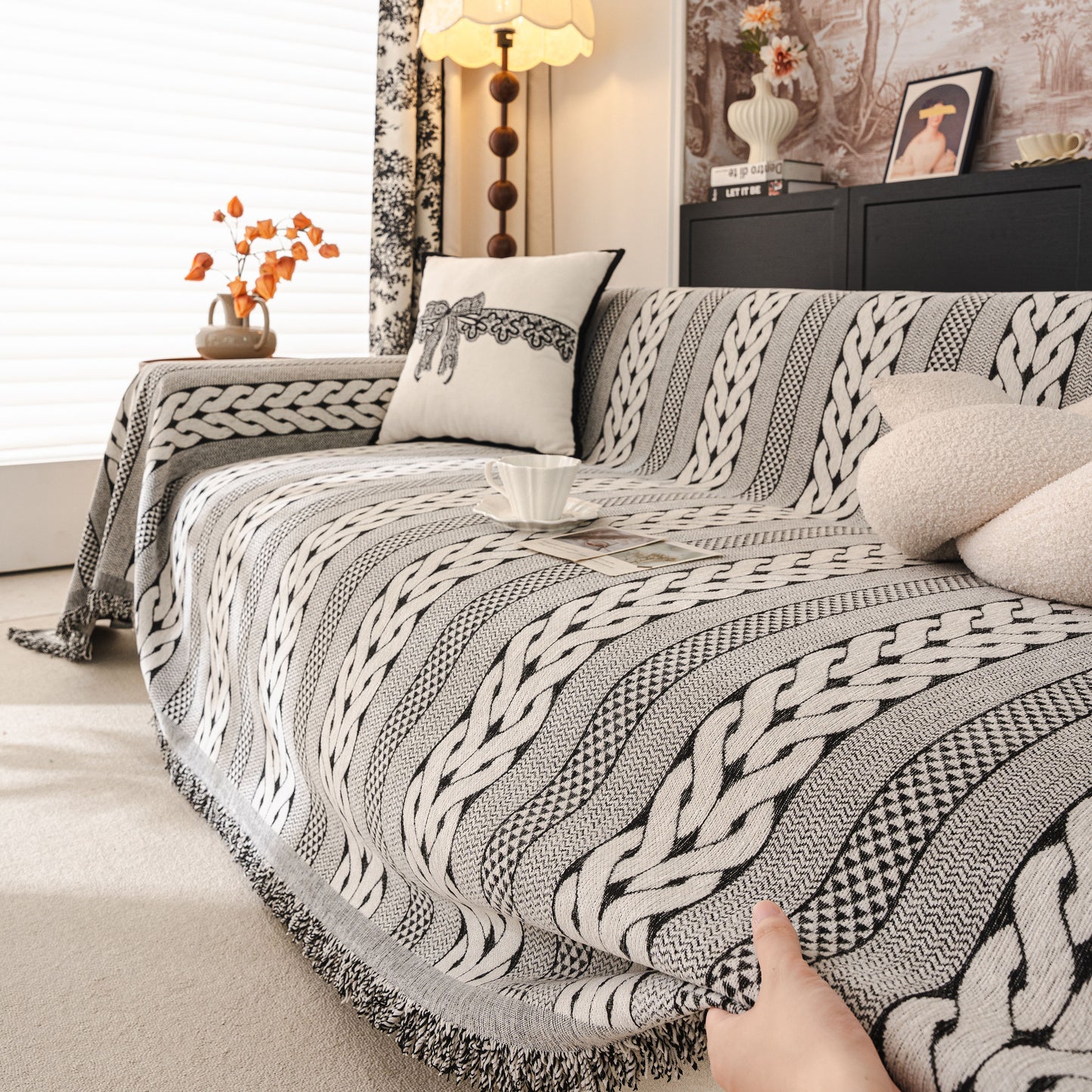 Sofa Cover Blanket Throw with Tassels, Decorative Furniture Protector for Dogs/Pets