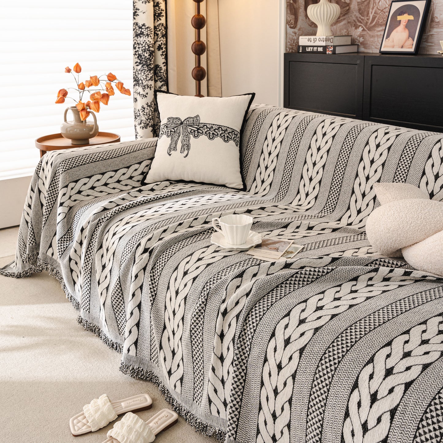 Sofa Cover Blanket Throw with Tassels, Decorative Furniture Protector for Dogs/Pets