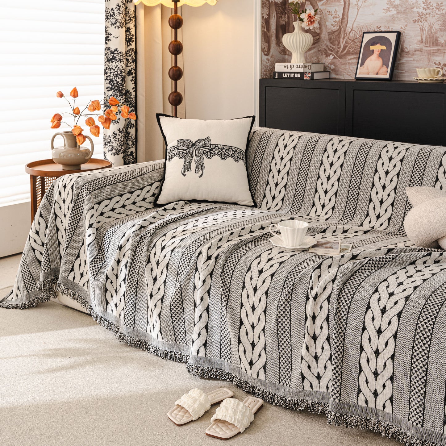 Sofa Cover Blanket Throw with Tassels, Decorative Furniture Protector for Dogs/Pets