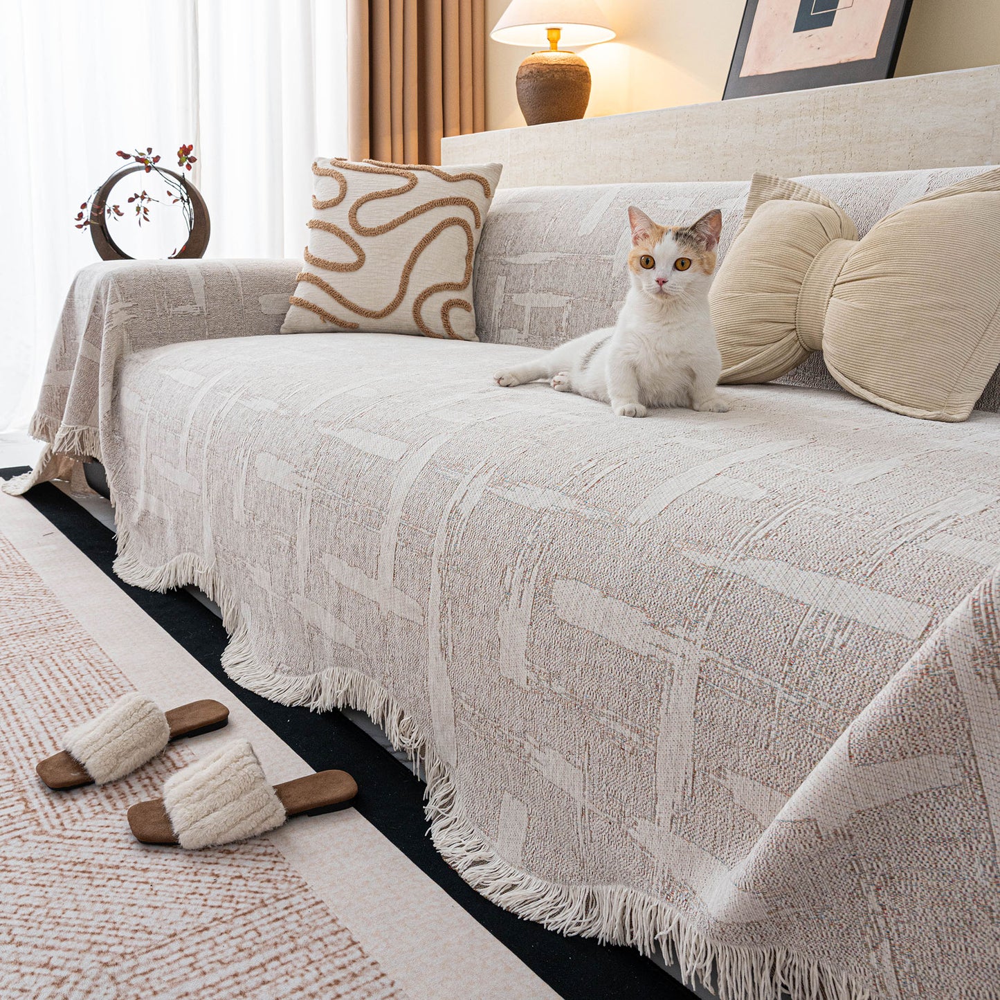 Chenille Sofa Cover Throw Blanket, Woven Textured Minimalist Wabi-Sabi Couch Cover