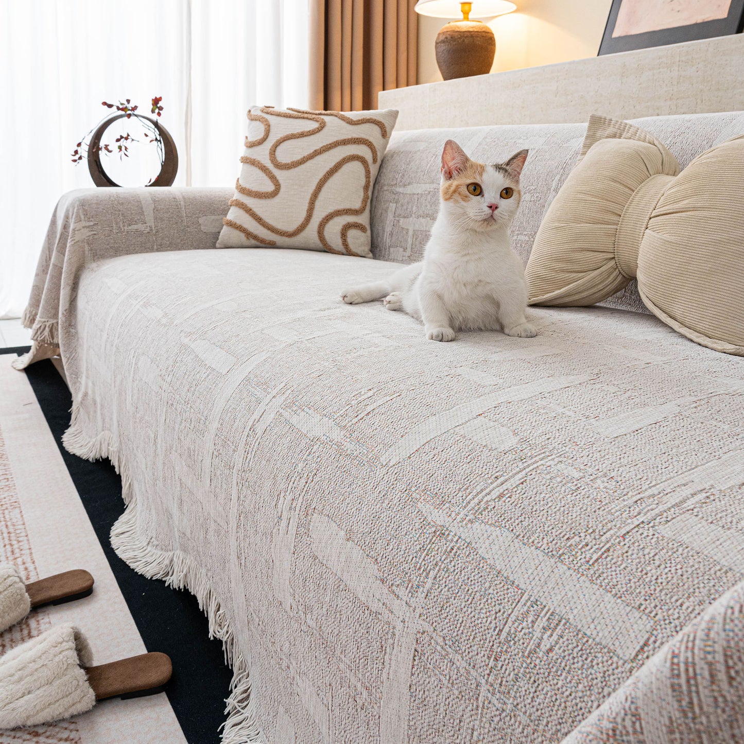 Chenille Sofa Cover Throw Blanket, Woven Textured Minimalist Wabi-Sabi Couch Cover