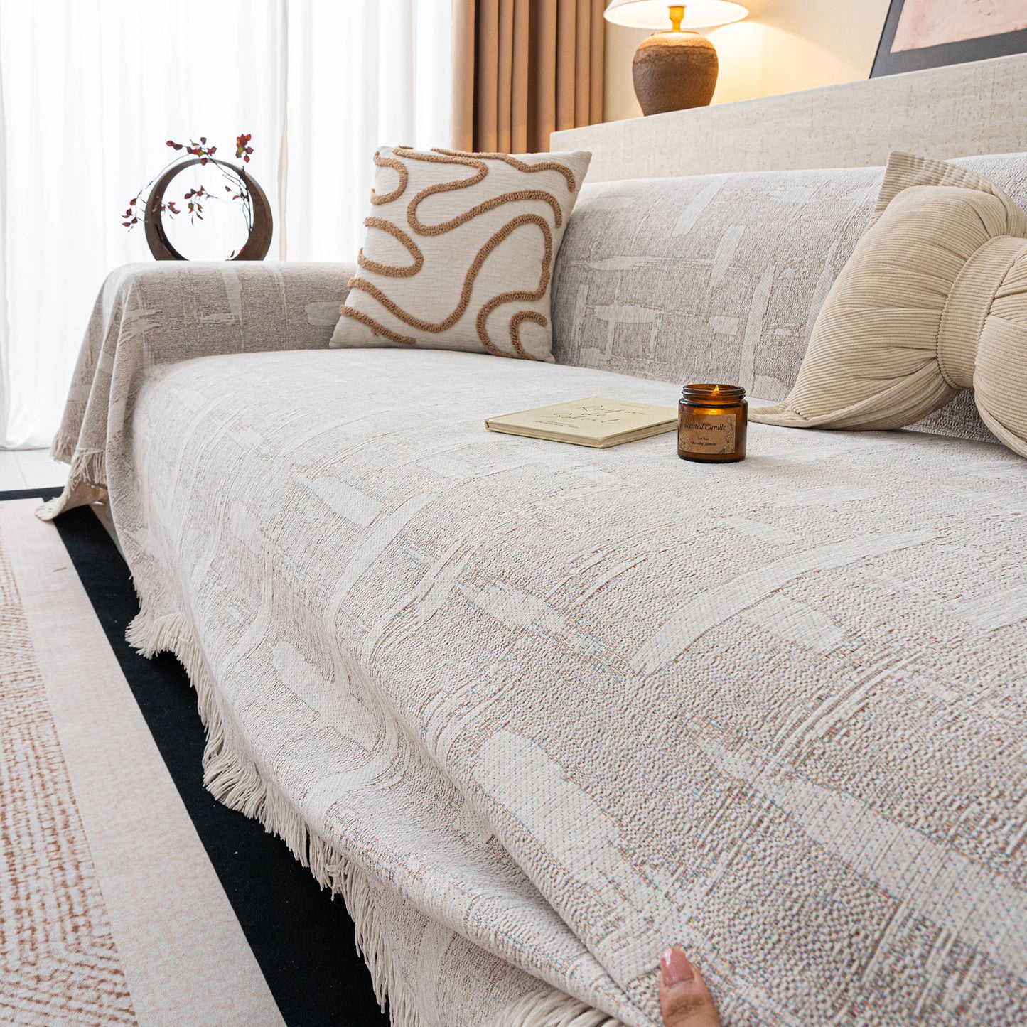 Chenille Sofa Cover Throw Blanket, Woven Textured Minimalist Wabi-Sabi Couch Cover