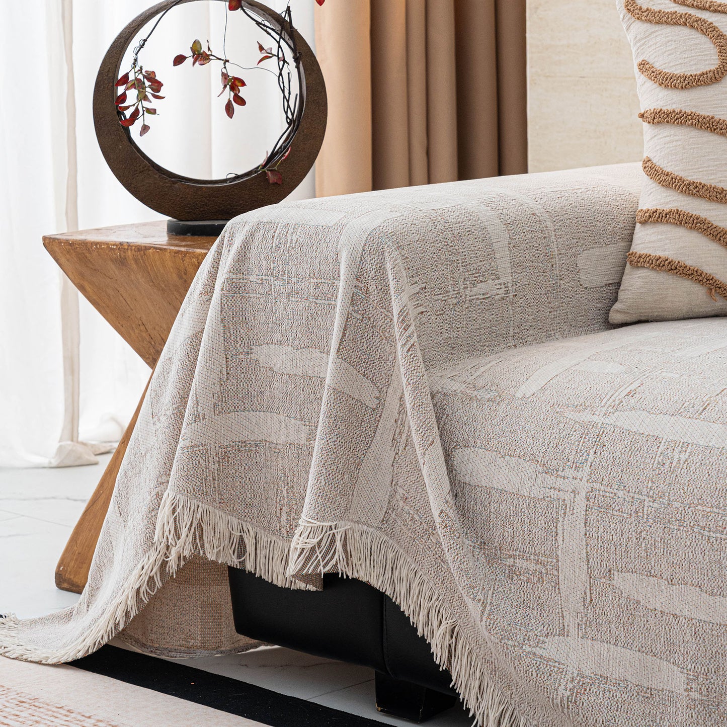 Chenille Sofa Cover Throw Blanket, Woven Textured Minimalist Wabi-Sabi Couch Cover