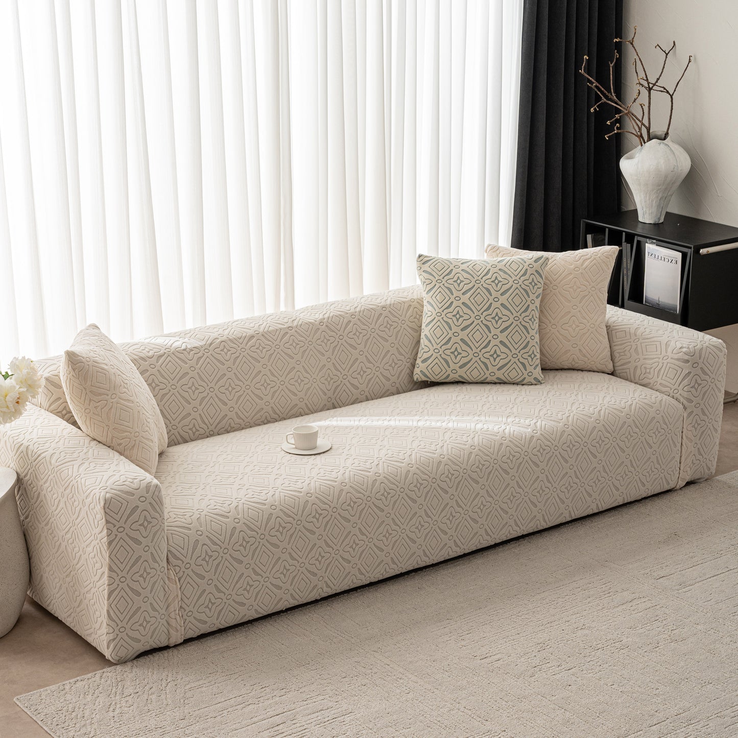 3D Jacquard Geometric Sofa Cover, High Stretch Soft Polar Fleece Slipcover for Couch