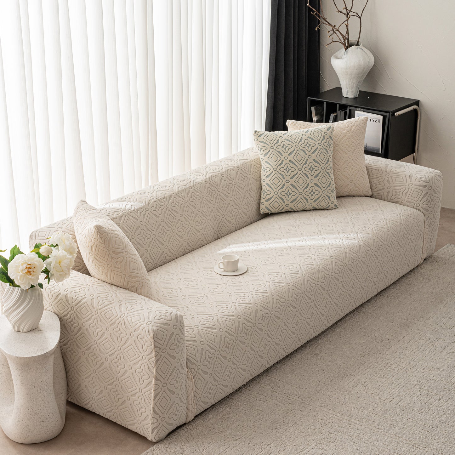 3D Jacquard Geometric Sofa Cover, High Stretch Soft Polar Fleece Slipcover for Couch