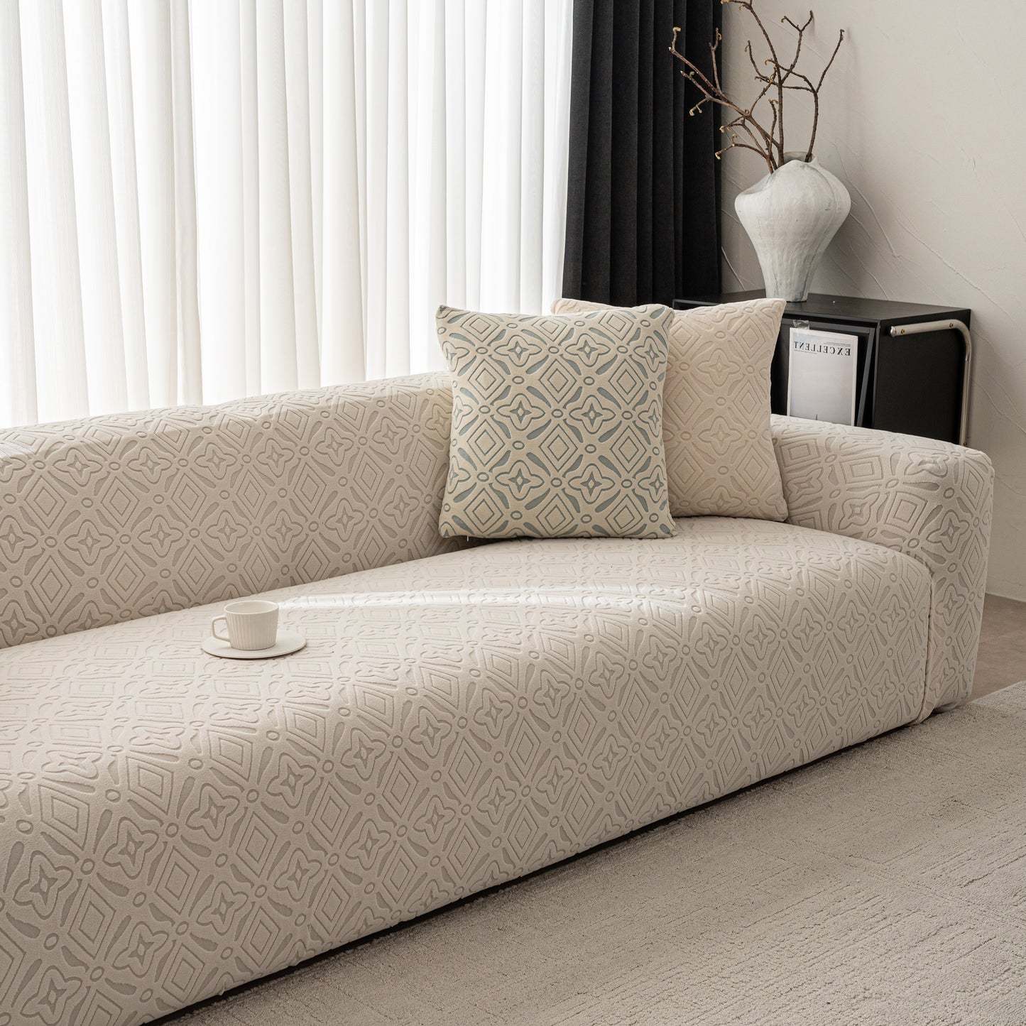 3D Jacquard Geometric Sofa Cover, High Stretch Soft Polar Fleece Slipcover for Couch