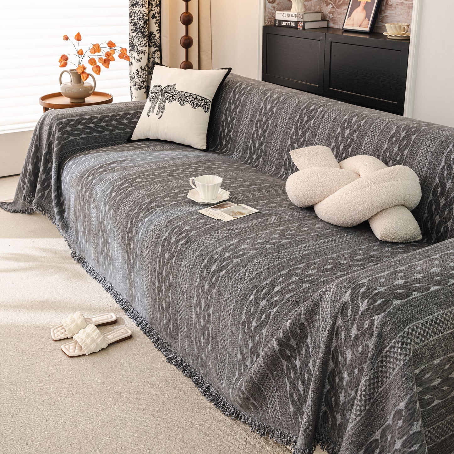 Sofa Cover Blanket Throw with Tassels, Decorative Furniture Protector for Dogs/Pets