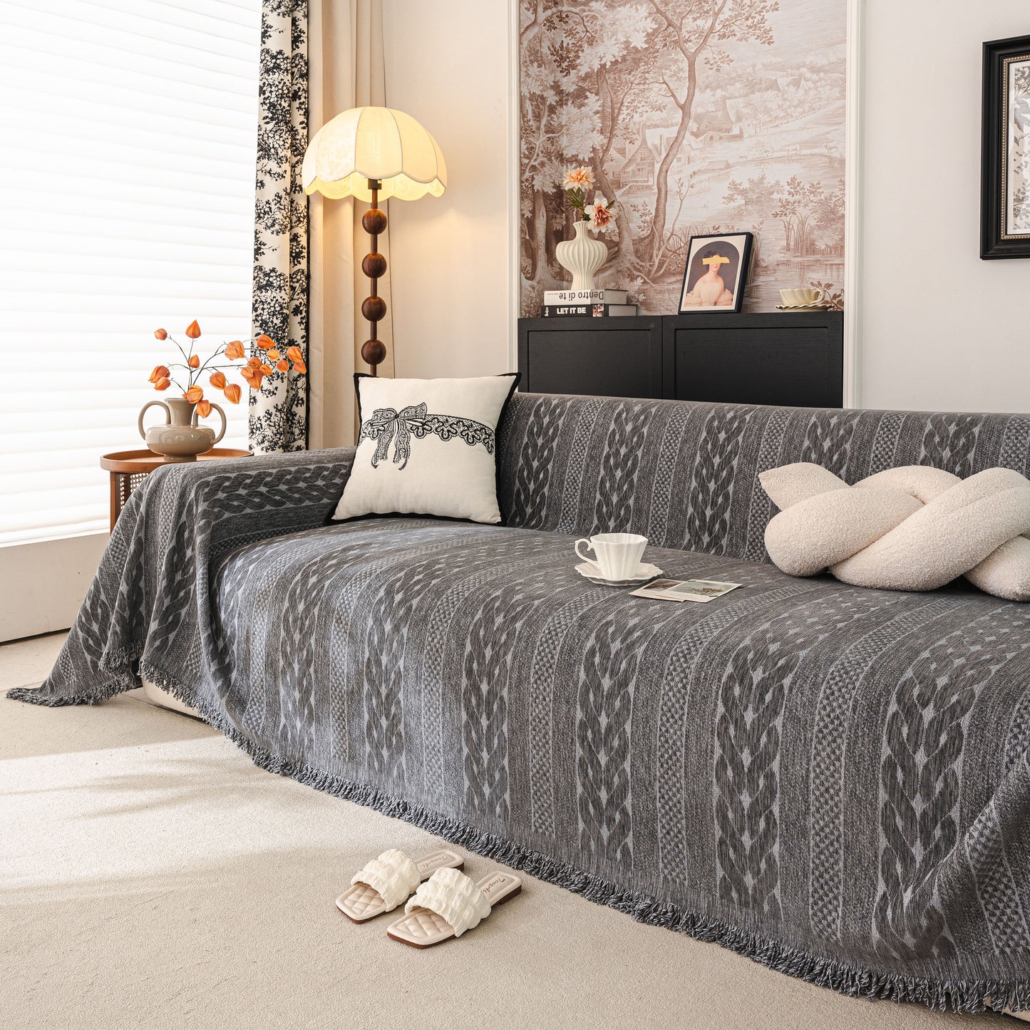 Sofa Cover Blanket Throw with Tassels, Decorative Furniture Protector for Dogs/Pets