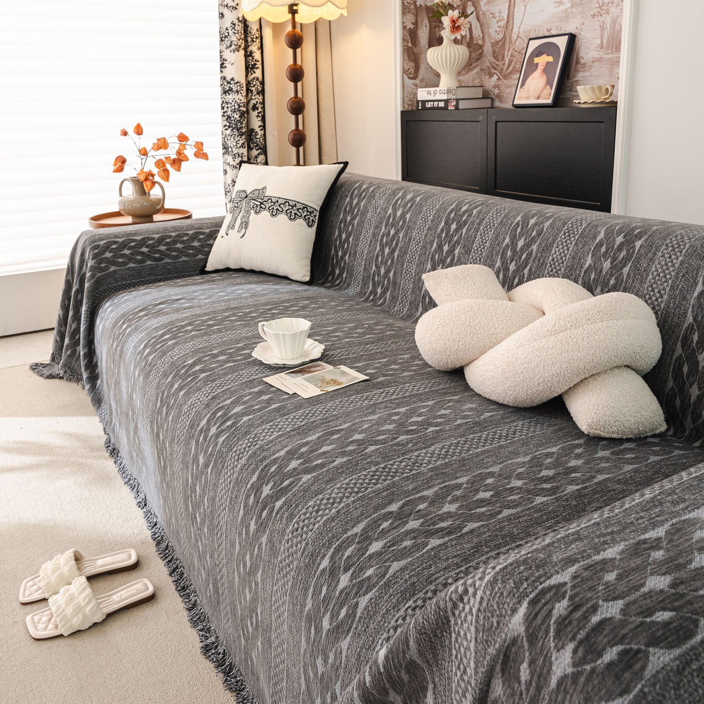 Sofa Cover Blanket Throw with Tassels, Decorative Furniture Protector for Dogs/Pets