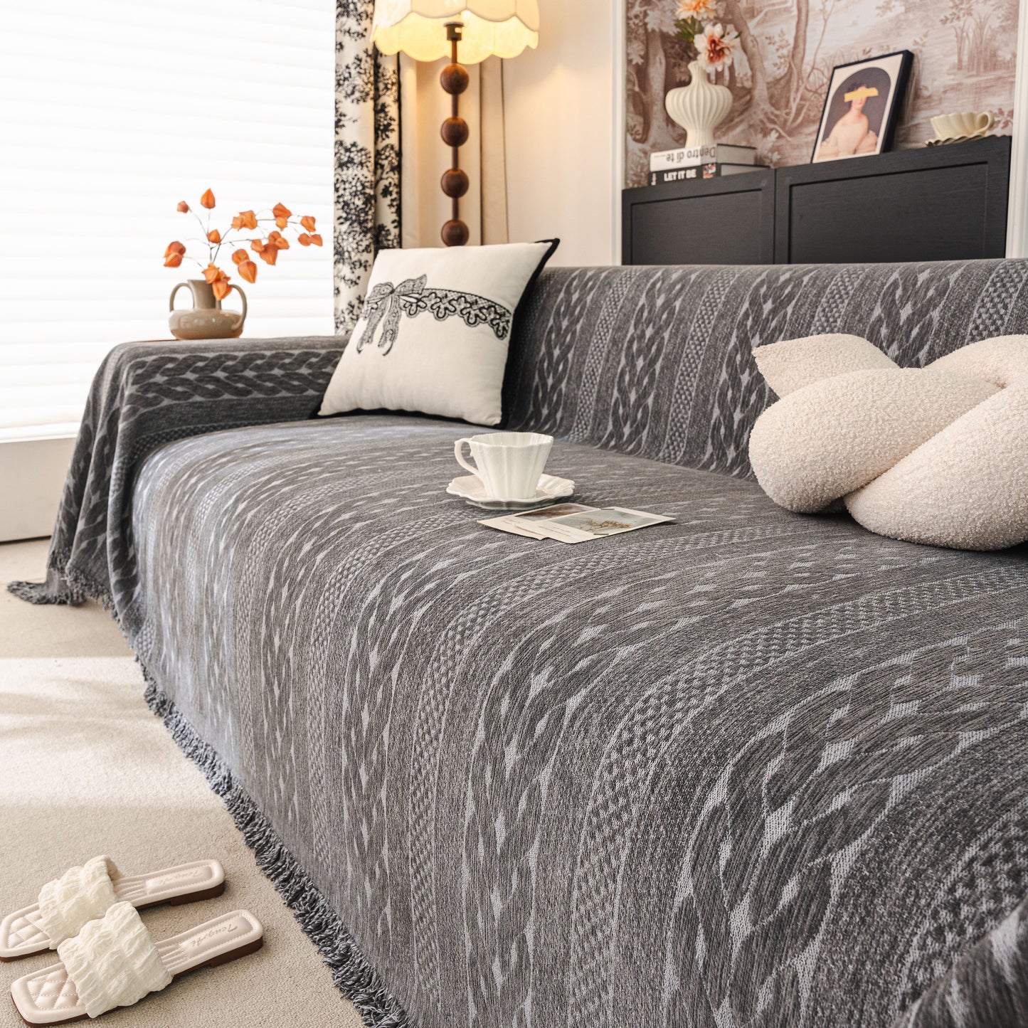 Sofa Cover Blanket Throw with Tassels, Decorative Furniture Protector for Dogs/Pets