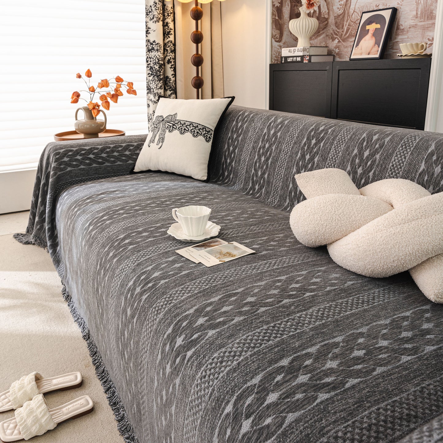 Sofa Cover Blanket Throw with Tassels, Decorative Furniture Protector for Dogs/Pets