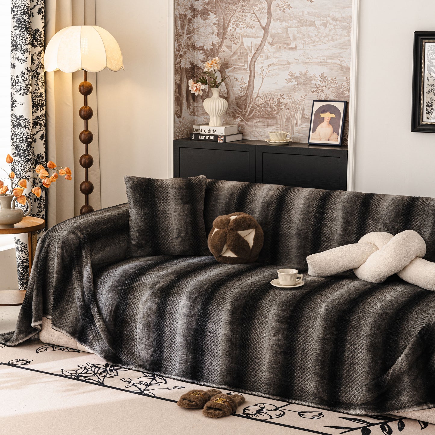 Faux Fur Sofa Cover Washable Furniture Protector for Sectional Warm & Fuzzy Slipcover