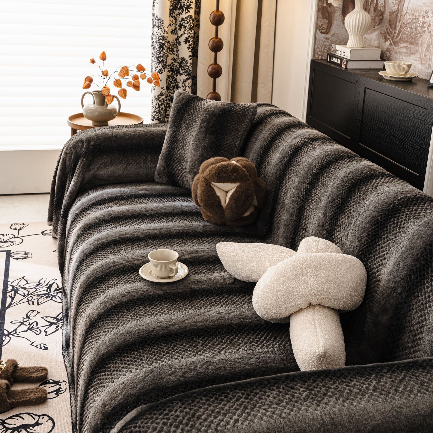 Faux Fur Sofa Cover Washable Furniture Protector for Sectional Warm & Fuzzy Slipcover