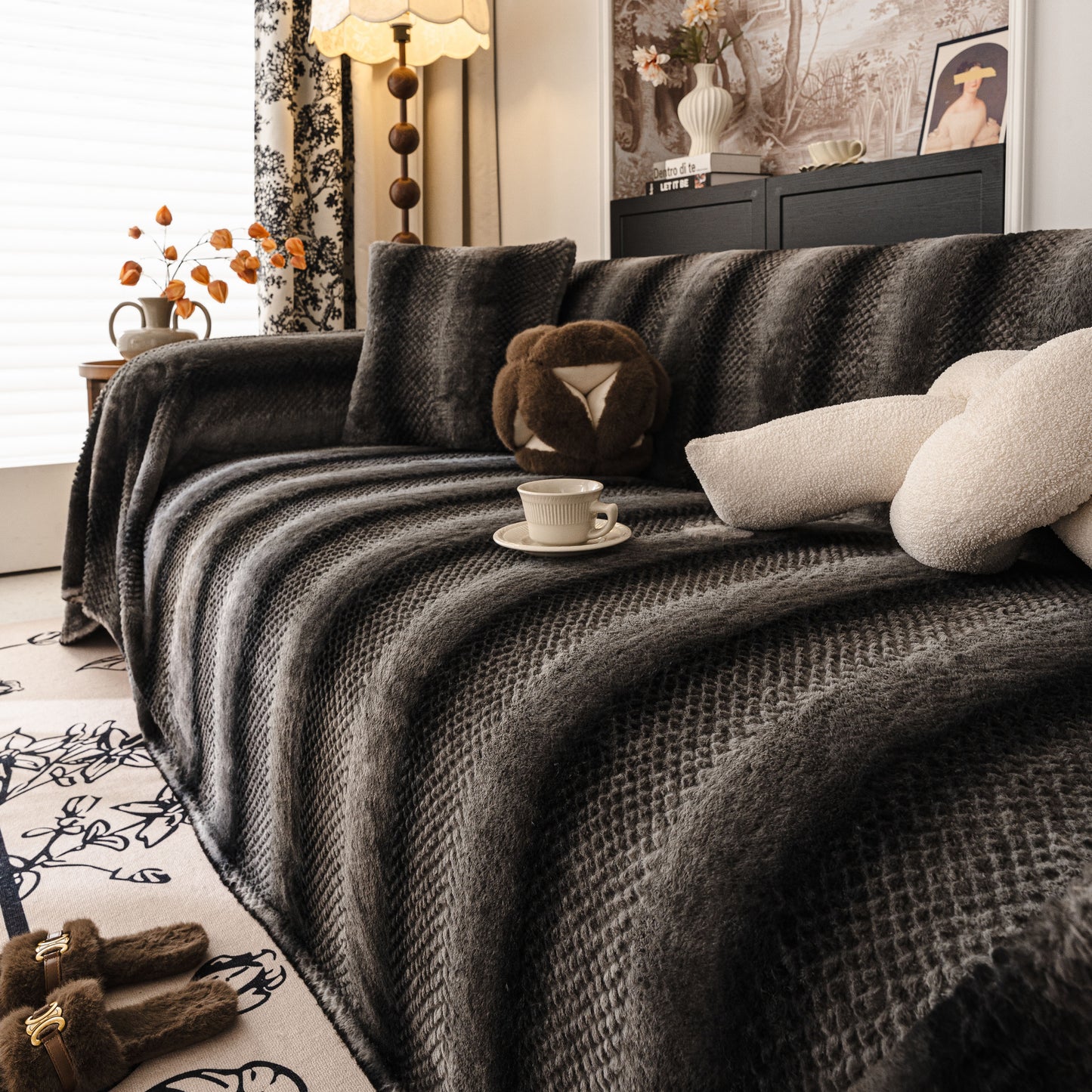 Faux Fur Sofa Cover Washable Furniture Protector for Sectional Warm & Fuzzy Slipcover