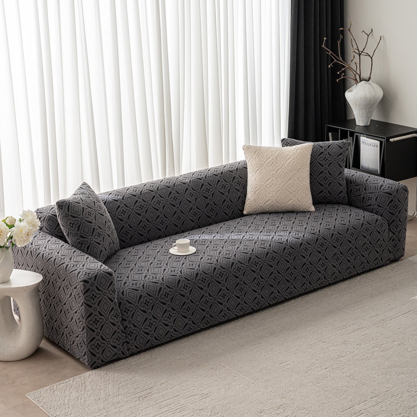 3D Jacquard Geometric Sofa Cover, High Stretch Soft Polar Fleece Slipcover for Couch