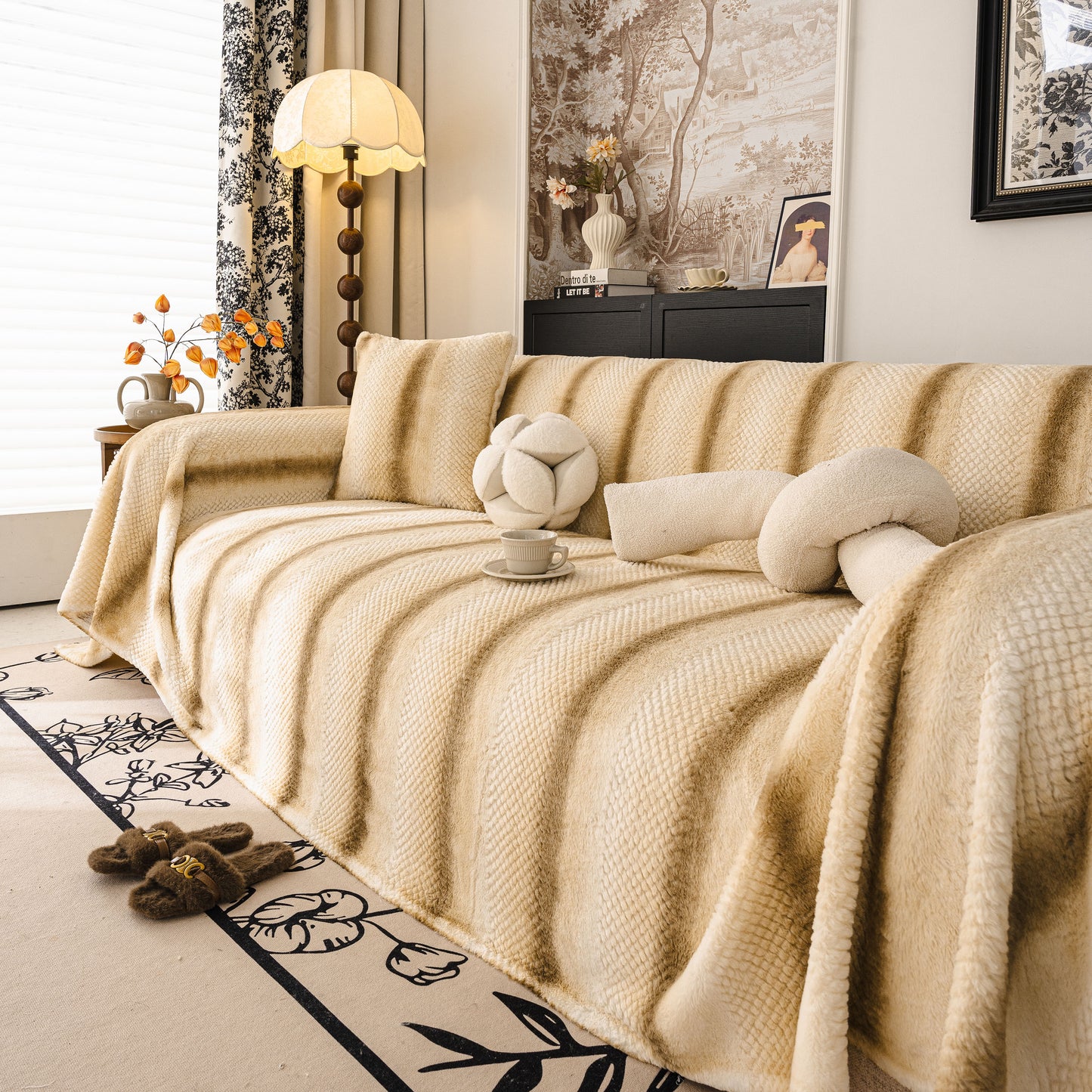 Faux Fur Sofa Cover Washable Furniture Protector for Sectional Warm & Fuzzy Slipcover