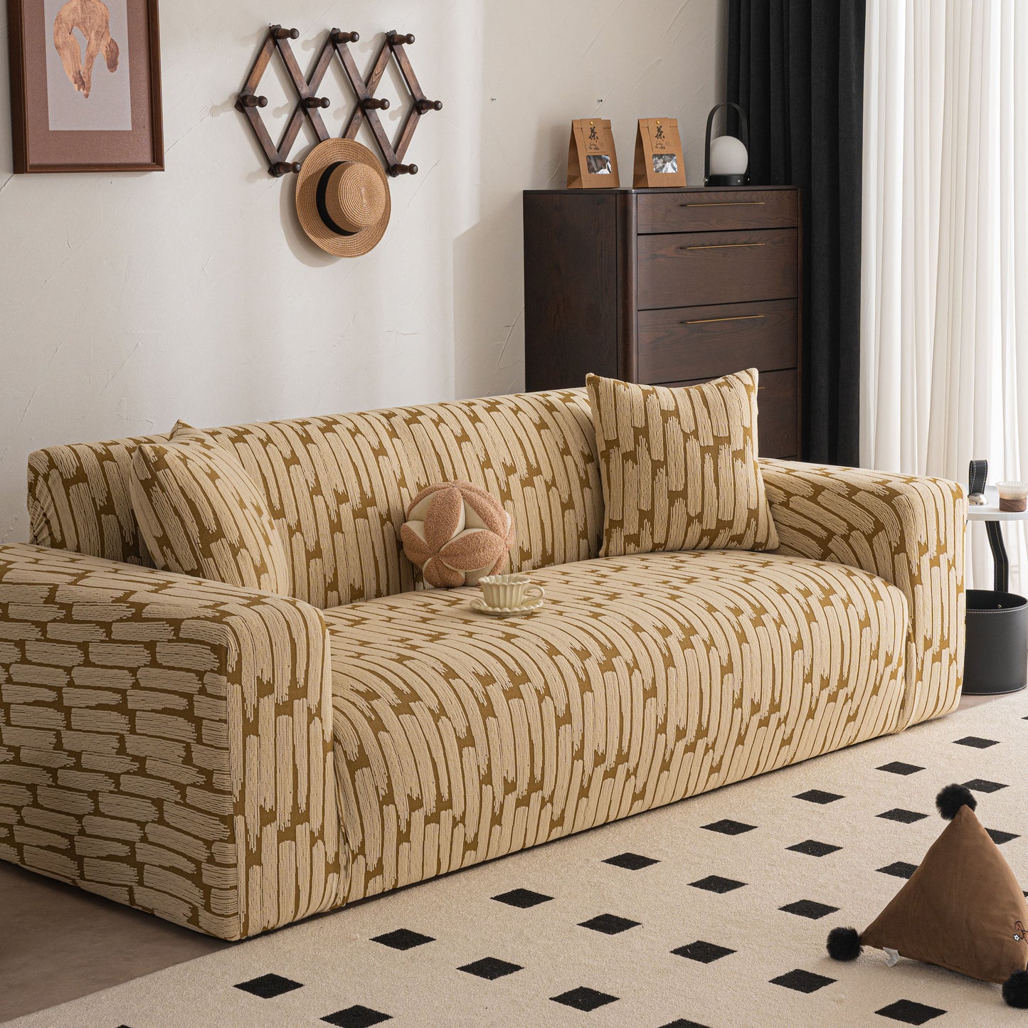 Plush Fleece Stretch Sofa Cover, Super Soft Textured Geometric Couch Slipcover