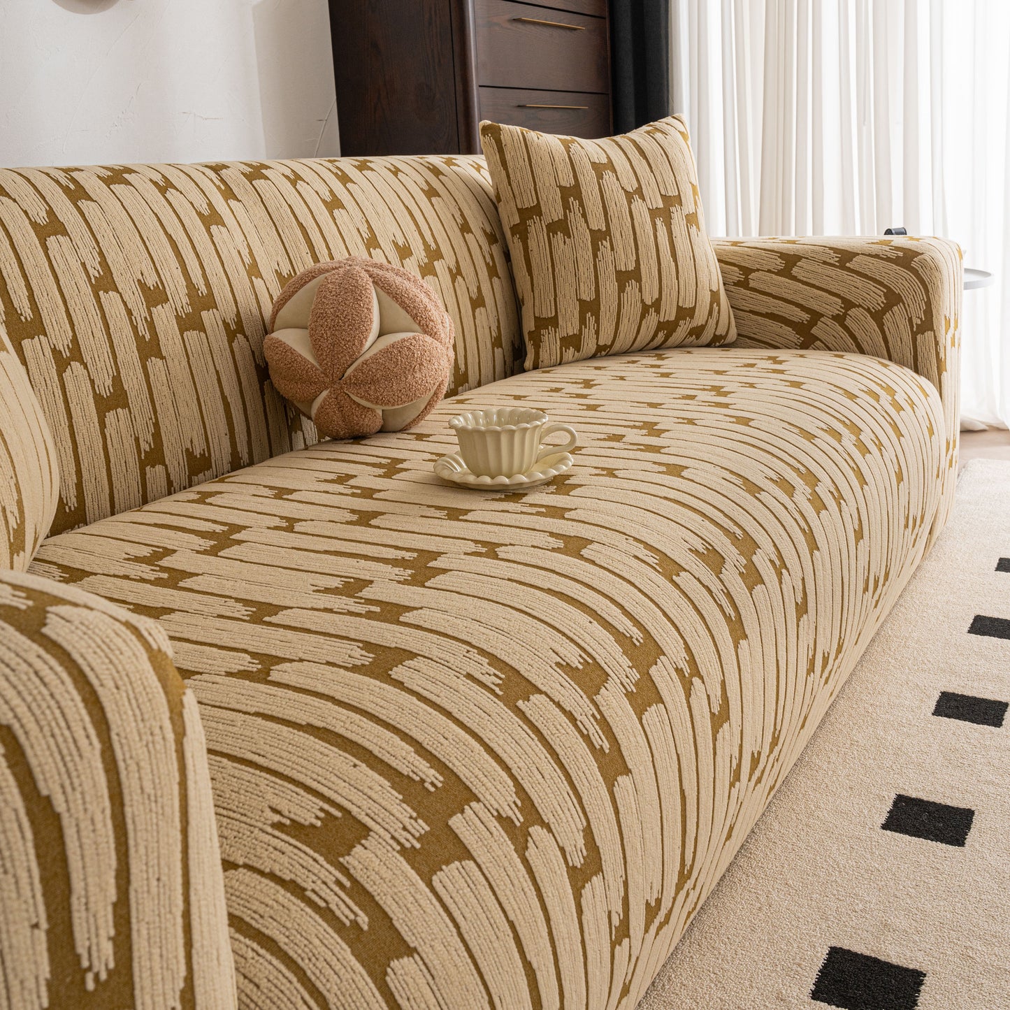 Plush Fleece Stretch Sofa Cover, Super Soft Textured Geometric Couch Slipcover