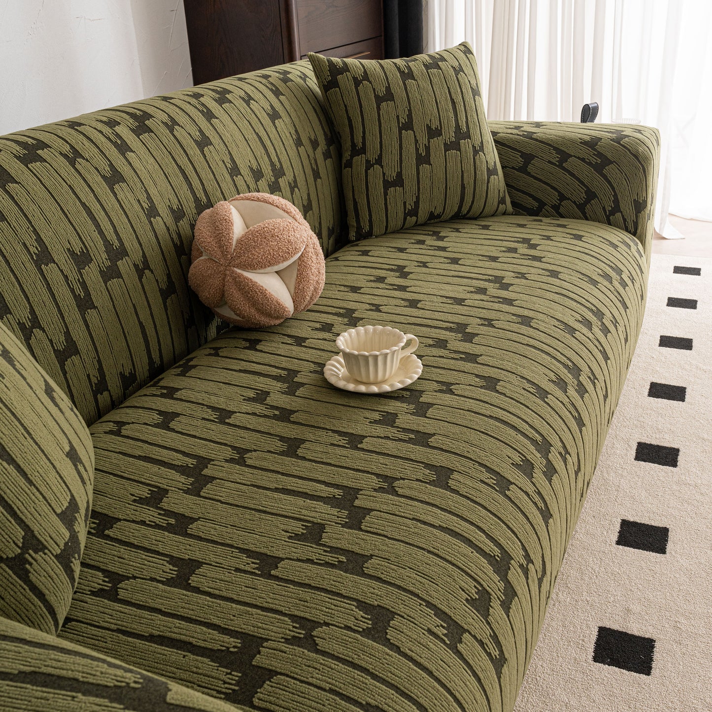 Plush Fleece Stretch Sofa Cover, Super Soft Textured Geometric Couch Slipcover