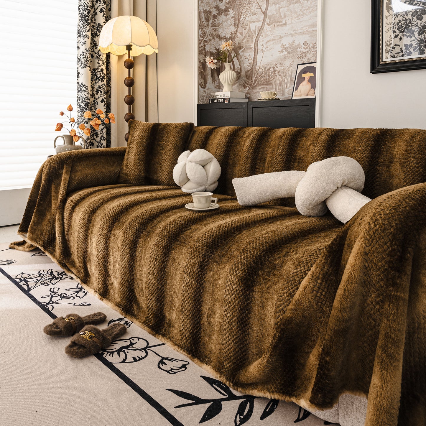 Faux Fur Sofa Cover Washable Furniture Protector for Sectional Warm & Fuzzy Slipcover