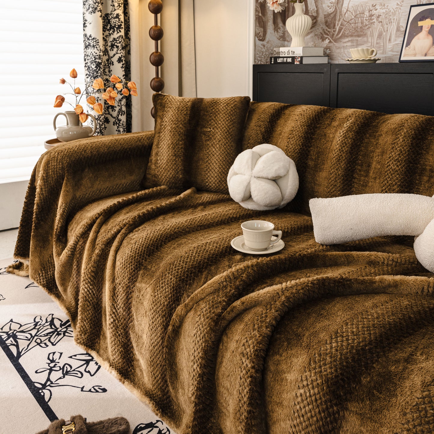 Faux Fur Sofa Cover Washable Furniture Protector for Sectional Warm & Fuzzy Slipcover