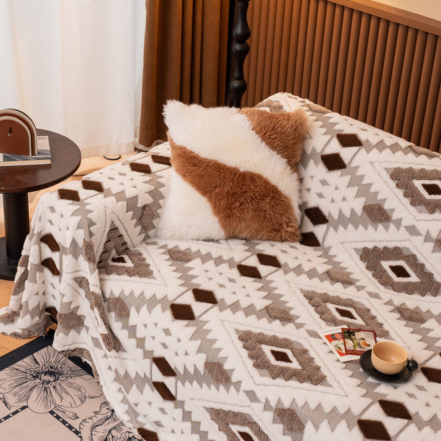 Bohemian Tufted Sofa Cover, Soft Sherpa Fleece Throw Blanket with 3D Aztec Geometric