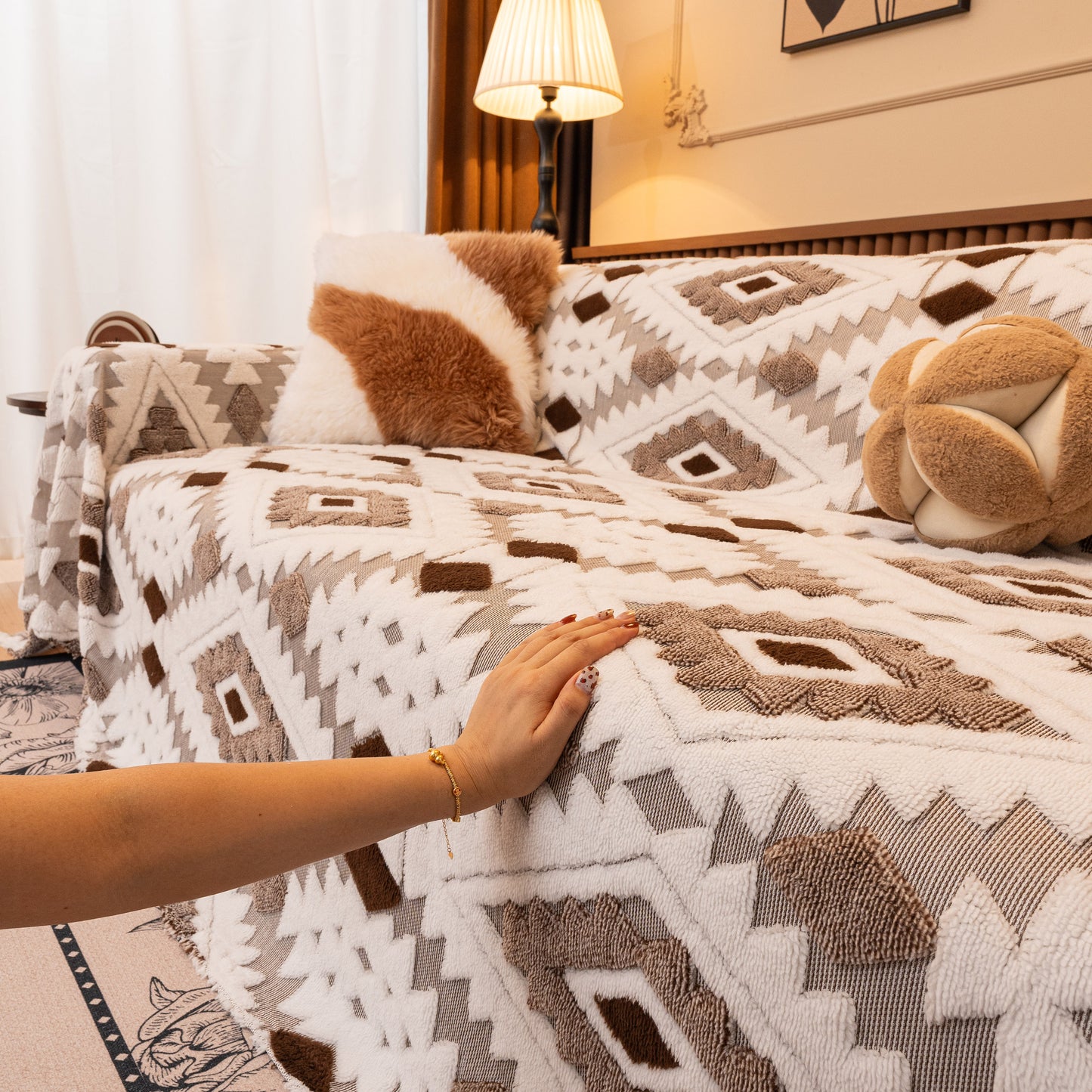 Bohemian Tufted Sofa Cover, Soft Sherpa Fleece Throw Blanket with 3D Aztec Geometric